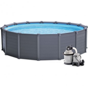 Каркасный бассейн INTEX GRAPHITE GRAY 26384 478 х 124 см, песчаный фильтр-насос, лестница, тент, подстилка